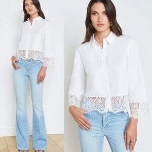 L’agance Levo White Lace Trim cropped shirt